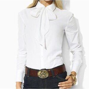 Lauren Ralph Lauren white button down shirt bow tie blouse